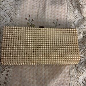 Vintage Cream Gold 50s 60s Julius Resnick Beaded Evening Clutch Pearl Box Purse.